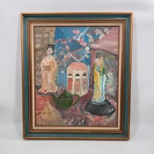 Original Chinoiserie Still Life Oil Painting Geisha Dolls Teapot Framed 25x30